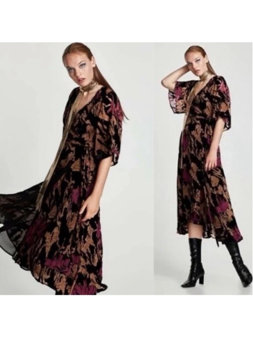 Zara Devore burnout velvet wrap midi dress